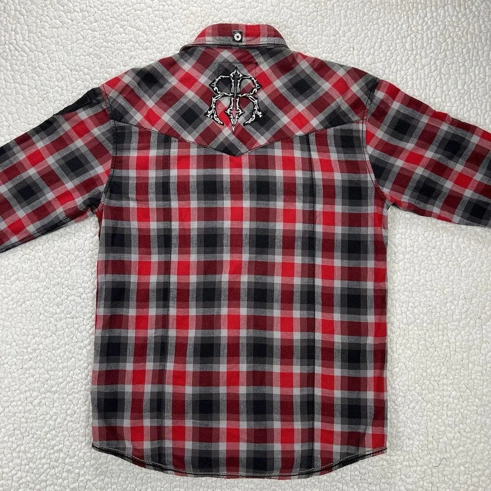 Roar‎ Buckle Button Up Shirt Mens Medium Red Black Plaid Y2K Western Embroidered